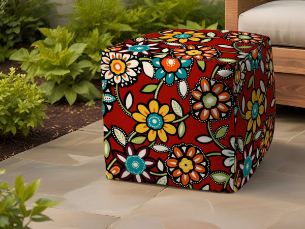 Homeroots 17" Red Polyester Cube Floral Indoor Outdoor Pouf Ottoman   474949