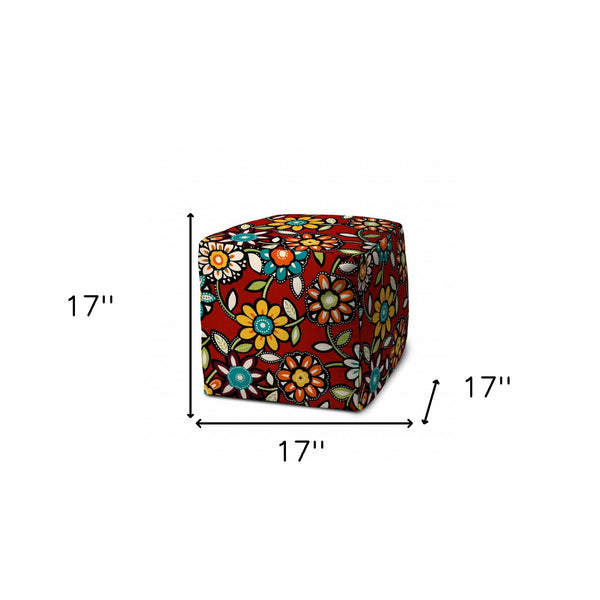Homeroots 17" Red Polyester Cube Floral Indoor Outdoor Pouf Ottoman   474950