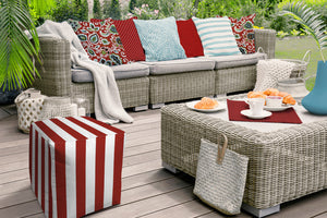 Homeroots 17" Red Polyester Cube Striped Indoor Outdoor Pouf Ottoman Red  474953