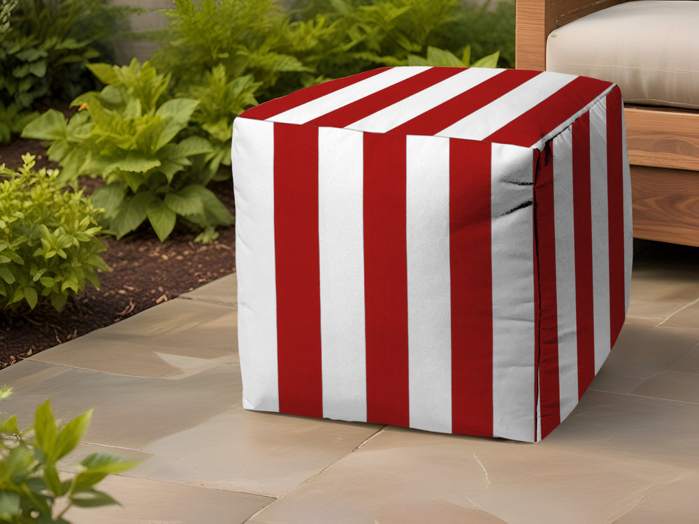 Homeroots 17" Red Polyester Cube Striped Indoor Outdoor Pouf Ottoman Red  474954