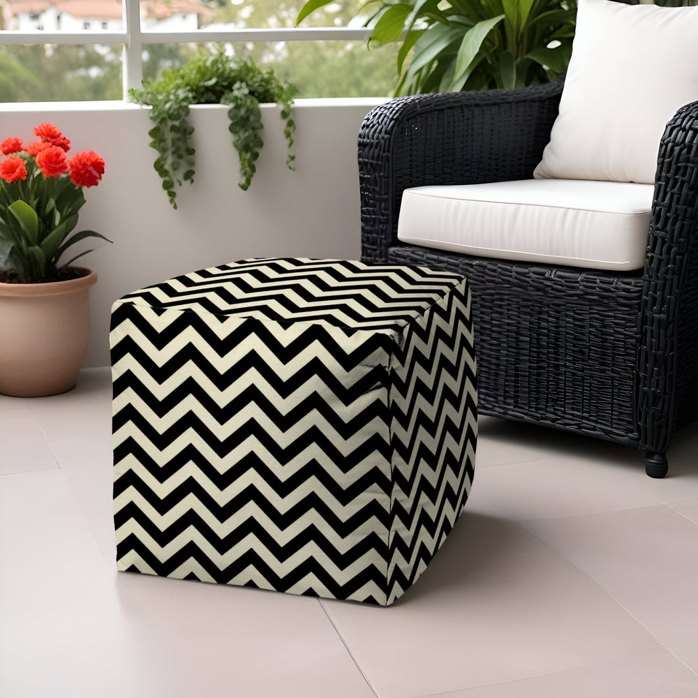 Homeroots 17" Black And White Polyester Cube Chevron Indoor Outdoor Pouf Ottoman Black  474959