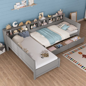 English Elm Twin Corner Daybed with Storage Drawers Bookshelf Wood L-shape Frame for Small Rooms Grey N733S369272E