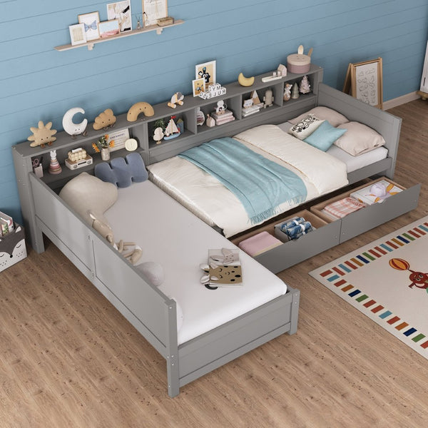 English Elm Twin Corner Daybed with Storage Drawers Bookshelf Wood L-shape Frame for Small Rooms Grey N733S369272E