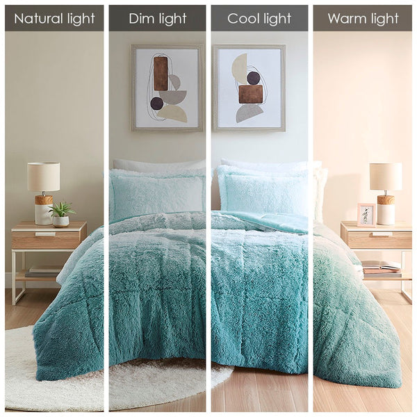 English Elm Twin/Twin Brielle Shaggy Faux Fur Comforter Mini Set Ombre Cozy Plush Faux Mink Reverse, Hypoallergenic Aqua 15.75 L x 10.24 W x 10.24 H B03595984