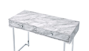 English Elm Tigress Sleek White Faux Marble Writing Desk with Chrome Frame, 2 Drawers & Smooth Metal Glides B2726P254136