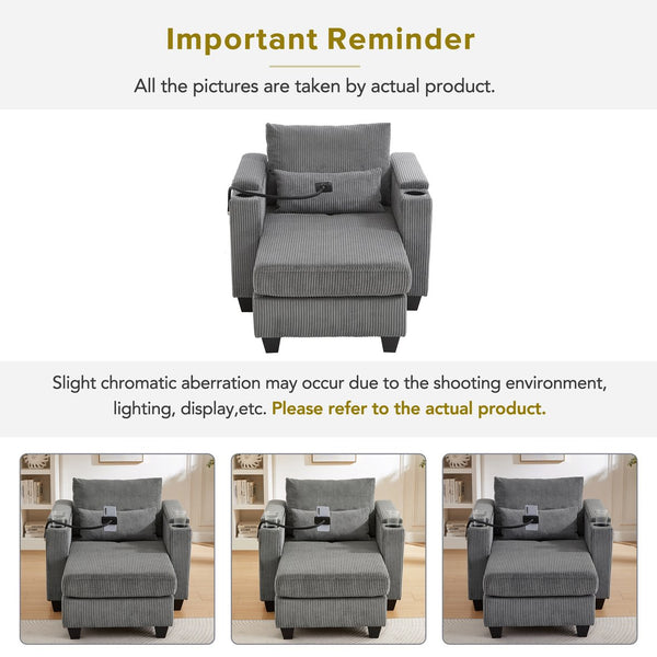 English Elm Convertible Chaise Lounge Sofa Chair With Usb Ports, Storage & Cup Holders – Ideal For Small Spaces! N719S002021E