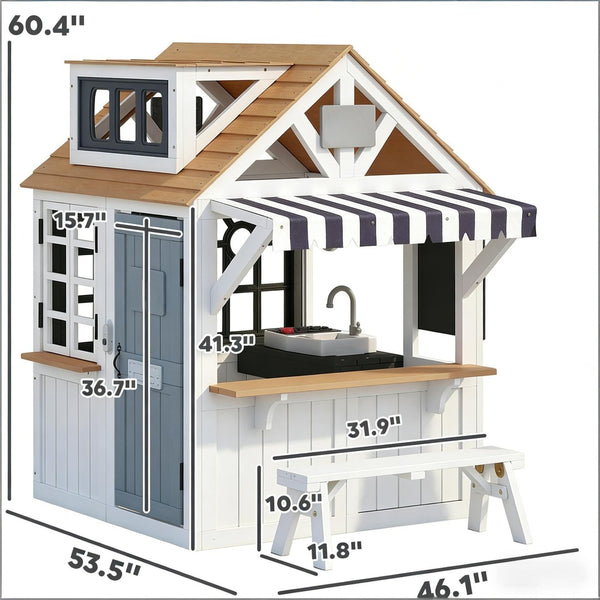 English Elm Comfortable Solid Fir Wood Outdoor Playhouse with Stove Blackboard and Doorbell T3971P491773