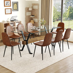 English Elm Table Set With Tempered Glass Top And 8 Brown Techno-Fabric Chairs, Modern X-Shaped Metal Legs W1151S04088-GIGA