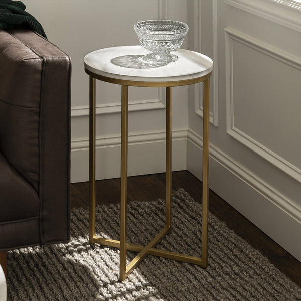 English Elm Walker Edison - Modern Glam X-Leg Round Side Table with Faux White Marble Top and Gold Metal Frame, Chic Accent B185P326693