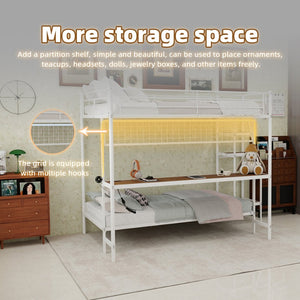 English Elm Full Over Twin Metal Bunk Bed with Desk Led Strip Shelves for Teen Dorm Rooms Ancient White W1935S00010