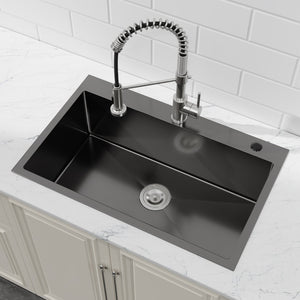 English Elm Stainless Steel Handmade Matte Black Single Bowl Overmount Kitchen Sink Deep Basin T3177P370629