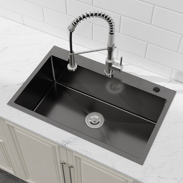 English Elm Stainless Steel Handmade Matte Black Single Bowl Overmount Kitchen Sink Deep Basin T3177P370629
