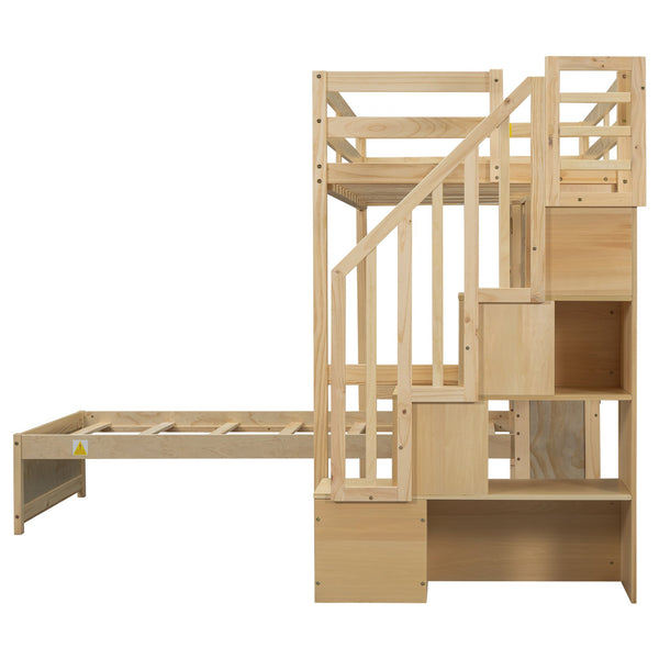 English Elm Twin Over Twin Loft Bed with Built-In Desk, Stairs, Shelving and Storage Headboard for Space-Saving Rooms Natural GX000465AAN