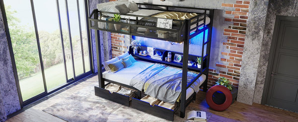 English Elm Twin Over Metal Bunk Bed with Led Lights Usb Ports Drawers and Sofa Conversion W5305S00002