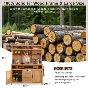 English Elm (with Hutch) Topmax Solid Fir Outdoor Potting Bench Station Cabinets Drawers Patio Garden Natural Wood N717P404332A