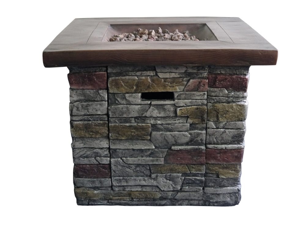 Homeroots Outdoor Brown Wood And Brick Square Gas Fire Pit With Lava Rocks   475086
