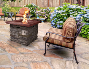 Homeroots Outdoor Brown Wood And Brick Square Gas Fire Pit With Lava Rocks   475086