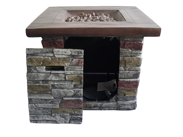 Homeroots Outdoor Brown Wood And Brick Square Gas Fire Pit With Lava Rocks   475086