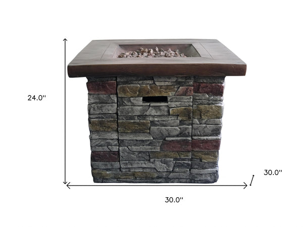 Homeroots Outdoor Brown Wood And Brick Square Gas Fire Pit With Lava Rocks   475086