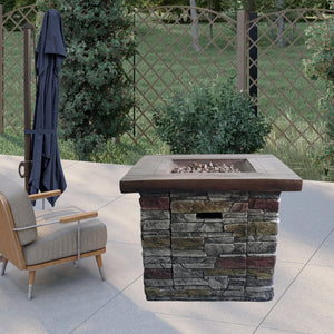 Homeroots Outdoor Brown Wood And Brick Square Gas Fire Pit With Lava Rocks   475086
