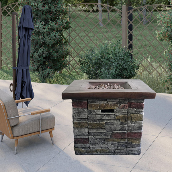 Homeroots Outdoor Brown Wood And Brick Square Gas Fire Pit With Lava Rocks   475086