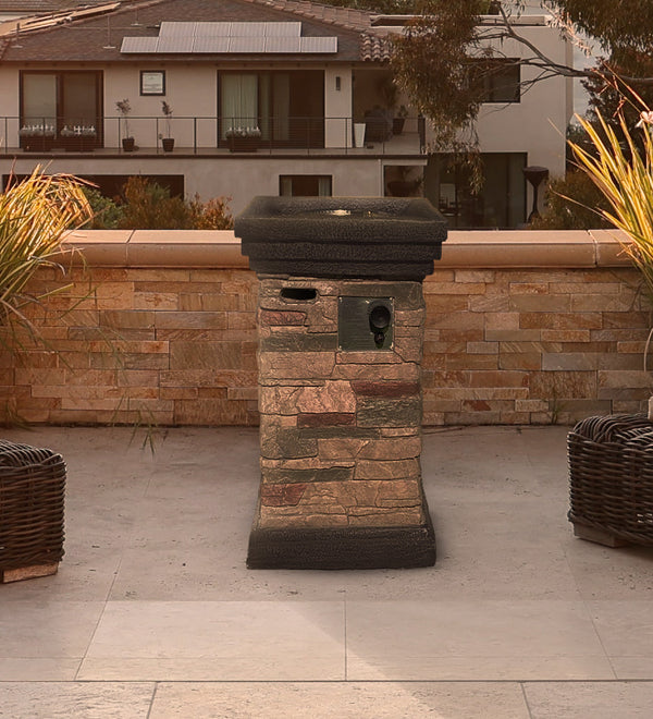 Homeroots Brown Stone Stacked Outdoor Gas Fire Pit With Lava Rocks   475091