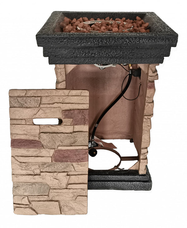 Homeroots Brown Stone Stacked Outdoor Gas Fire Pit With Lava Rocks   475091