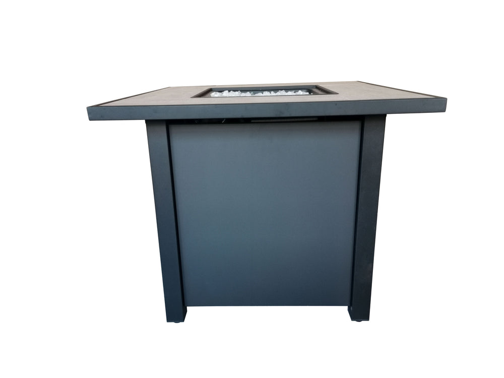 Homeroots Black Metal And Tile Square Fire Pit With Glass Rocks   475097