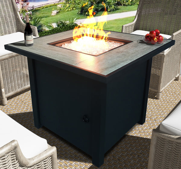 Homeroots Black Metal And Tile Square Fire Pit With Glass Rocks   475097