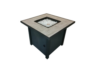 Homeroots Black Metal And Tile Square Fire Pit With Glass Rocks   475097