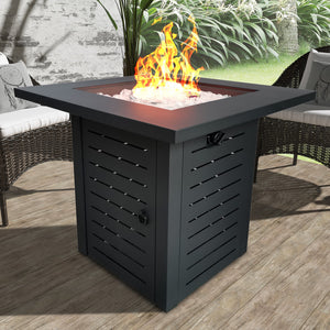 Homeroots Black Slatted Metal Square Fire Pit With Glass Rocks   475098