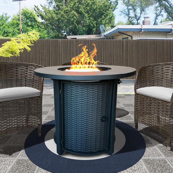 Homeroots Round Black Metal And Tile Fire Pit With Glass Rocks   475100