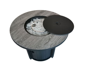 Homeroots Round Black Metal And Tile Fire Pit With Glass Rocks   475100