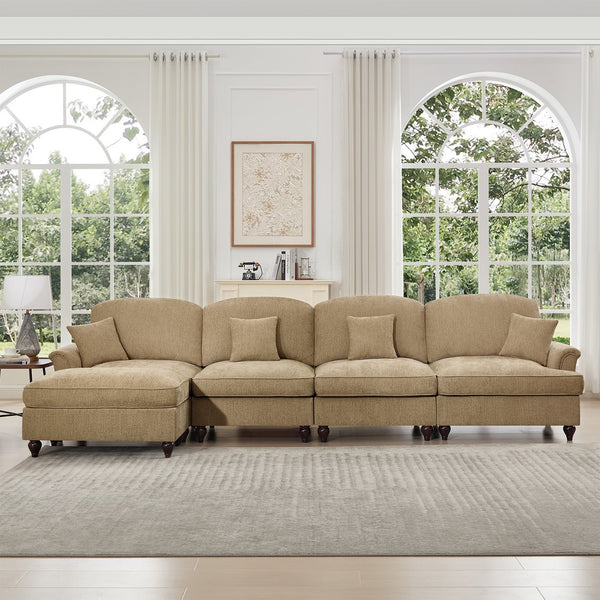 English Elm Classic Modular Chenille Sectional Couch - L-Shaped, Flared Arms, Removable Skirts & Movable Ottoman W3041S00250