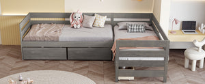 English Elm Twin L-Shaped Platform Bed with Three Spacious Drawers, Solid Pine & MDF, Clean-Lined Design Gray N7090000468E