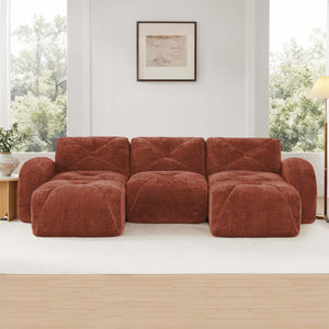 English Elm U-shaped Modular Velvet Sofa Tufted Cloud Seating for Living Room or Home Theater Red+Brown W714S01604