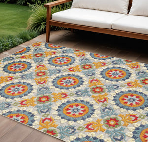 HomeRoots 5' Bold Orange and Ivory Moroccan Area Rug - Stain Resistant, Indoor/Outdoor Durability for Homes 7' X 9' Rectangle 475215