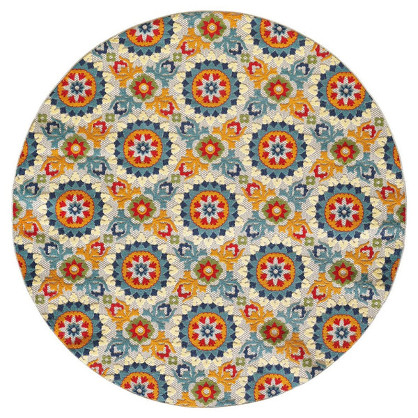 HomeRoots 5' Bold Orange and Ivory Moroccan Area Rug - Stain Resistant, Indoor/Outdoor Durability for Homes 8' Round Round 475216