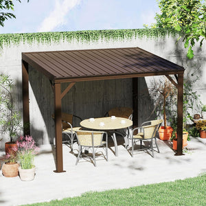 English Elm 8' 8 Ft Hardtop Lean to Pergola with Galvanized Steel Roof and Drainage for Patio Deck W1859S00190