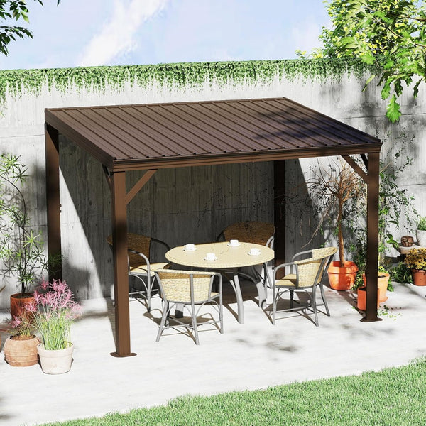 English Elm 8' 8 Ft Hardtop Lean to Pergola with Galvanized Steel Roof and Drainage for Patio Deck W1859S00190
