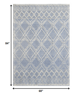 Homeroots 5' X 7' Blue And Ivory Geometric Handmade Area Rug  Polyester 475234