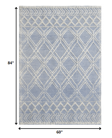 Homeroots 5' X 7' Blue And Ivory Geometric Handmade Area Rug  Polyester 475234