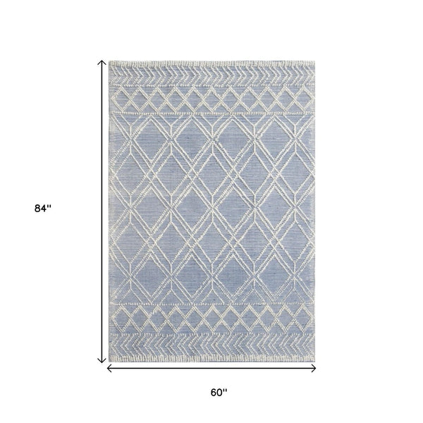 HomeRoots 5' Blue and Ivory Geometric Handmade Area Rug - Modern Style for Living Rooms and Bedrooms 5' X 7' 475234