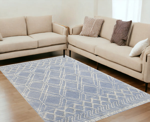 Homeroots 5' X 7' Blue And Ivory Geometric Handmade Area Rug  Polyester 475234
