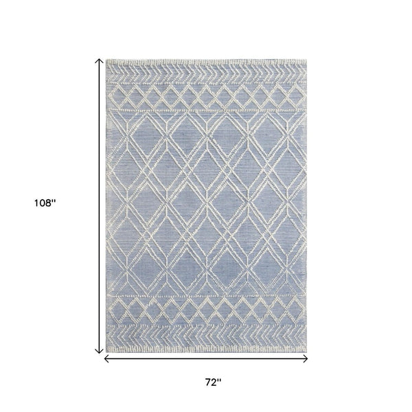 HomeRoots 5' Blue and Ivory Geometric Handmade Area Rug - Modern Style for Living Rooms and Bedrooms 6' X 9' 475235