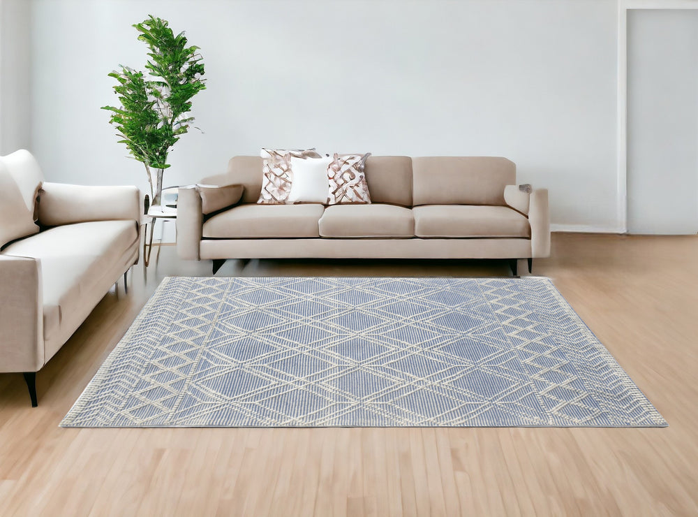 Homeroots 8' X 11' Blue And Ivory Geometric Handmade Area Rug  Polyester 475236