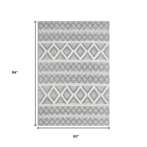 HomeRoots 5' Handmade Gray and Ivory Geometric Area Rug - Modern, Durable, and Stylish for Any Room 5' X 7' 475238