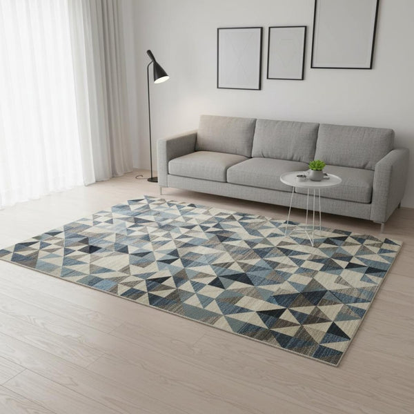 HomeRoots 5' Geometric Area Rug in Beige, Blue, and Gray - Stylish, Durable, Stain-Resistant for Modern Spaces 5' X 8' 475244