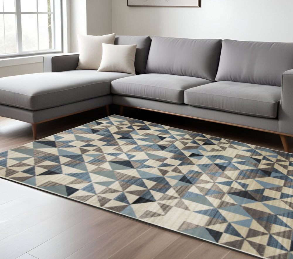 HomeRoots 5' Geometric Area Rug in Beige, Blue, and Gray - Stylish, Durable, Stain-Resistant for Modern Spaces 8' X 11' 475245
