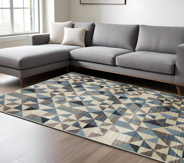 HomeRoots 5' Geometric Area Rug in Beige, Blue, and Gray - Stylish, Durable, Stain-Resistant for Modern Spaces 8' X 11' 475245